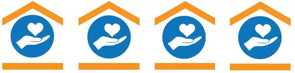 A row of the same four icons, an open hand with a heart above it inside a simplified house.