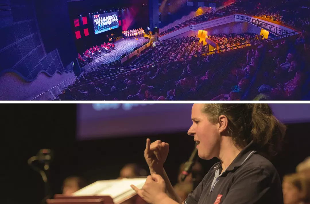 Image shows two photos of Together 2022. The top one shows the congregation and platform. The bottom one shows someone signing BSL from the platform.