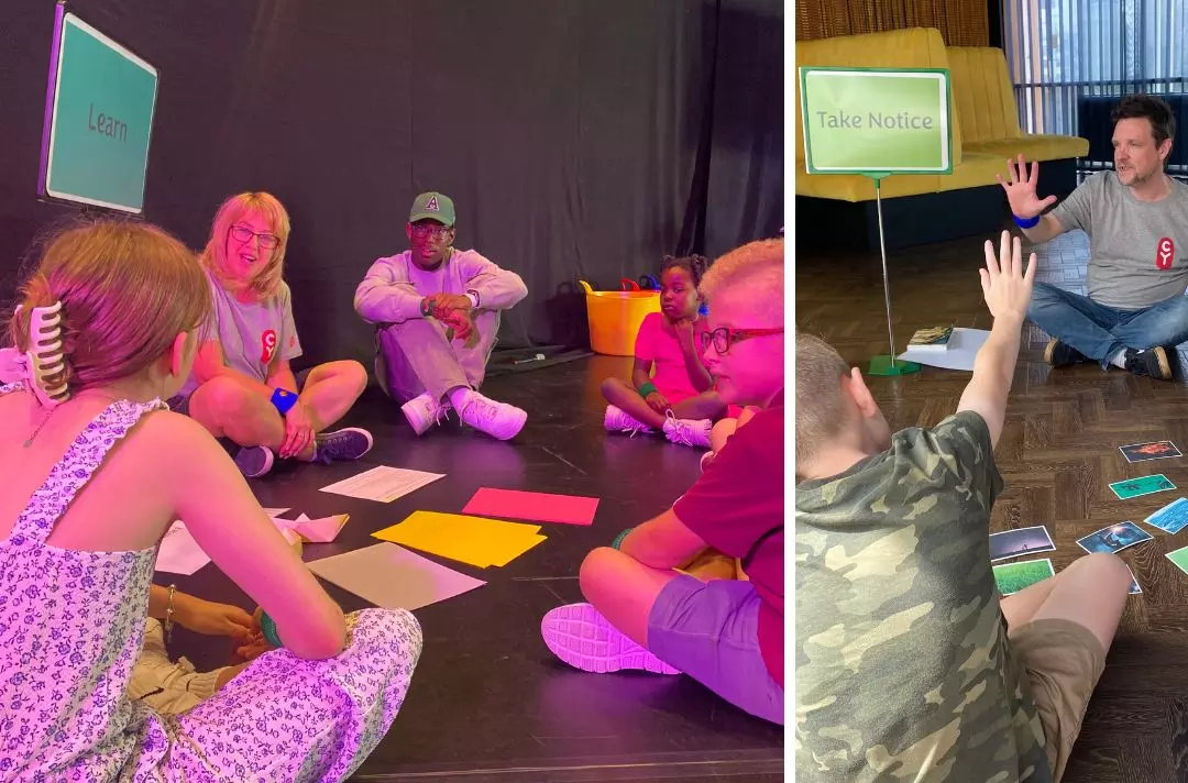 A photo collage. The first photo is of a group of children talking and the second is of an adult and a child putting their hands in the air