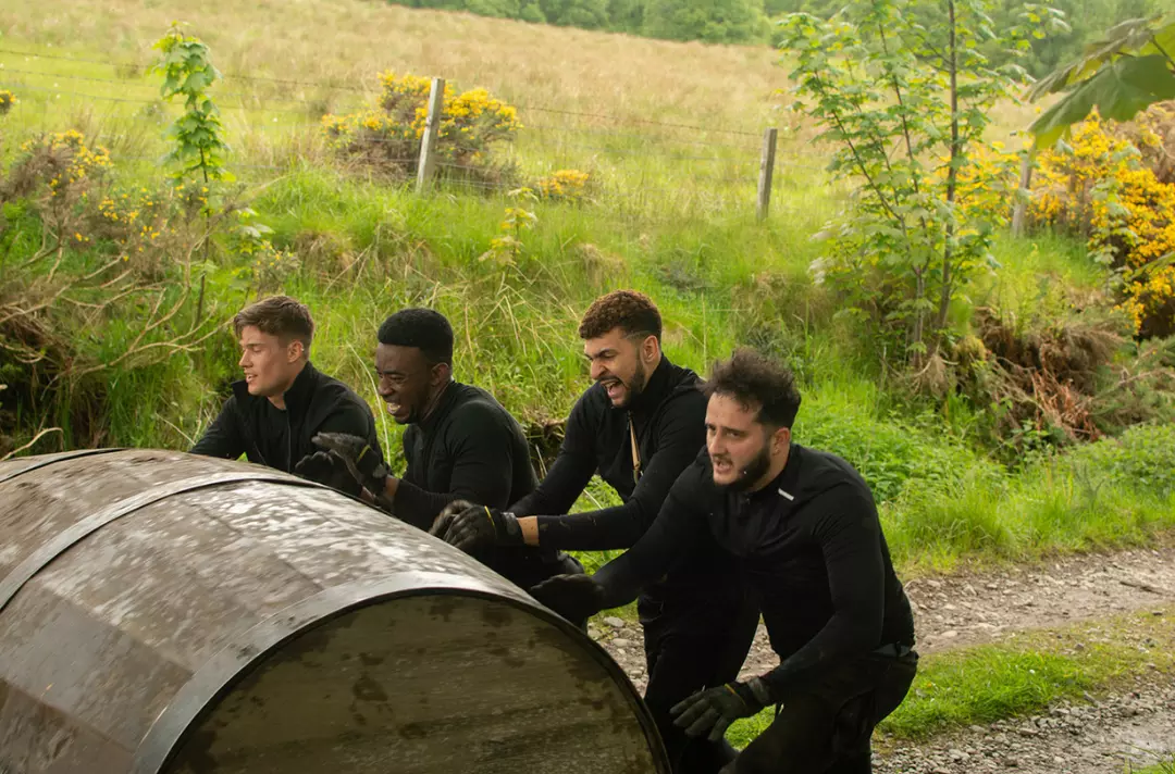 An image of the barrel-rolling challenge in BBC1's The Traitors