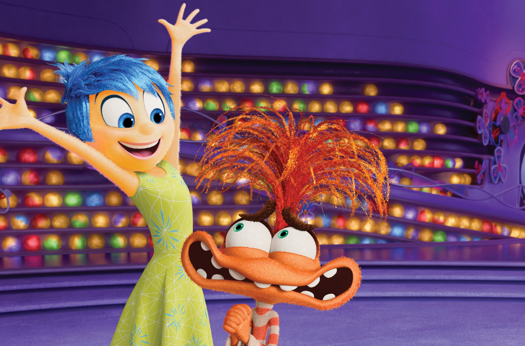 A scene from Inside Out 2 shows Joy celebrating while Anxiety looks anxious.
