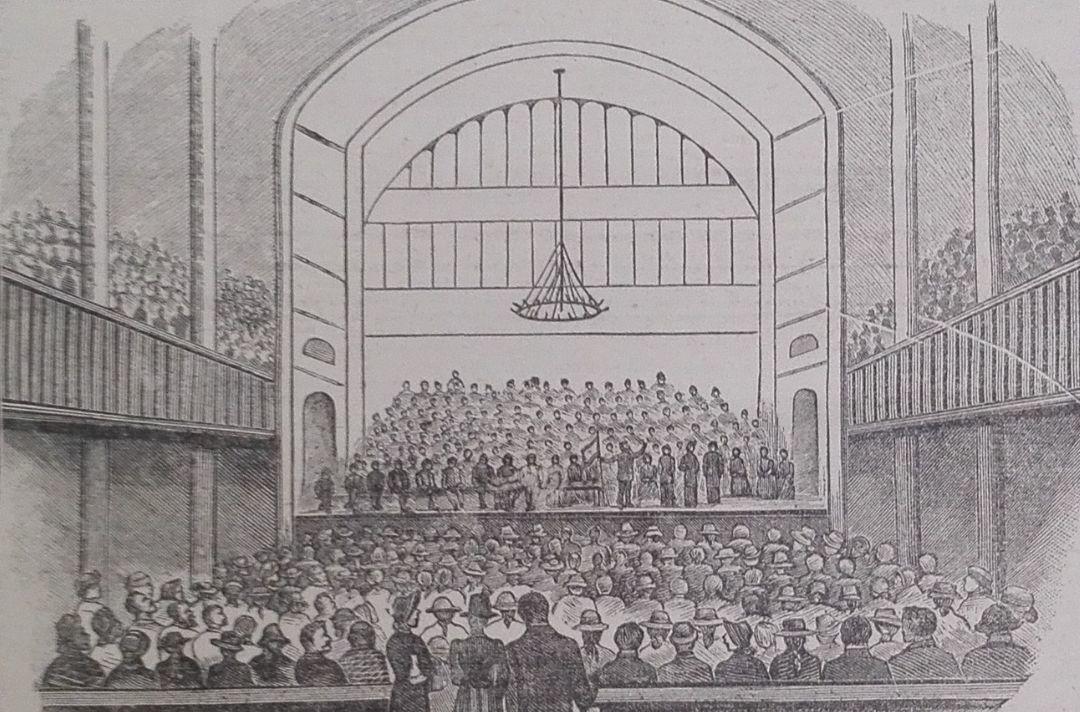A pencil drawing of a Salvation Army meeting in a large auditorium in 1886