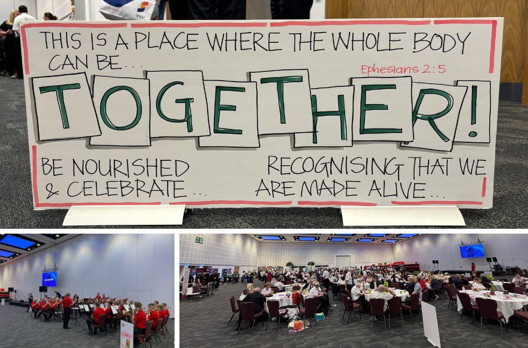A collage of photos from the Engagement Space at Together 2024. The first photo is a illustration of Ephesians 2:5, the second is of the International Staff Band playing and the third is of a full room of people talking around tables
