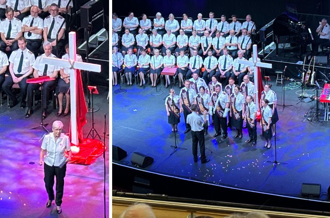 Two photos: Jenine Main preaching on stage at Together 2024 and the Defenders of Justice singing at Together 2024