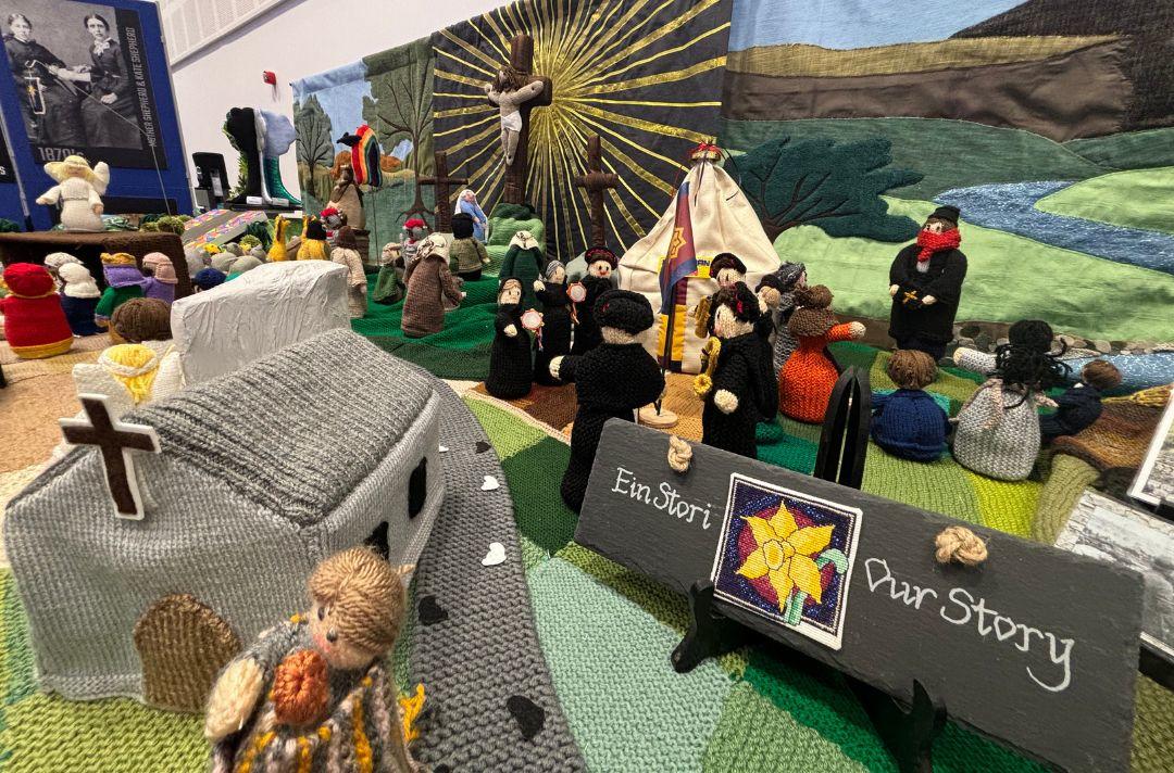 A photo of a knitted scene of Bible stories and Salvation Army history for the 150th anniversary of The Salvation Army in Wales