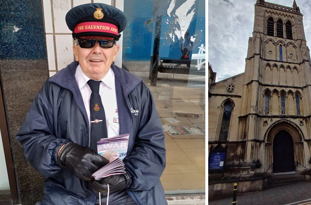 A collage of Brian in Salvation Army uniform holding copies of War Cry and the outside of the Catholic Church of St Mary