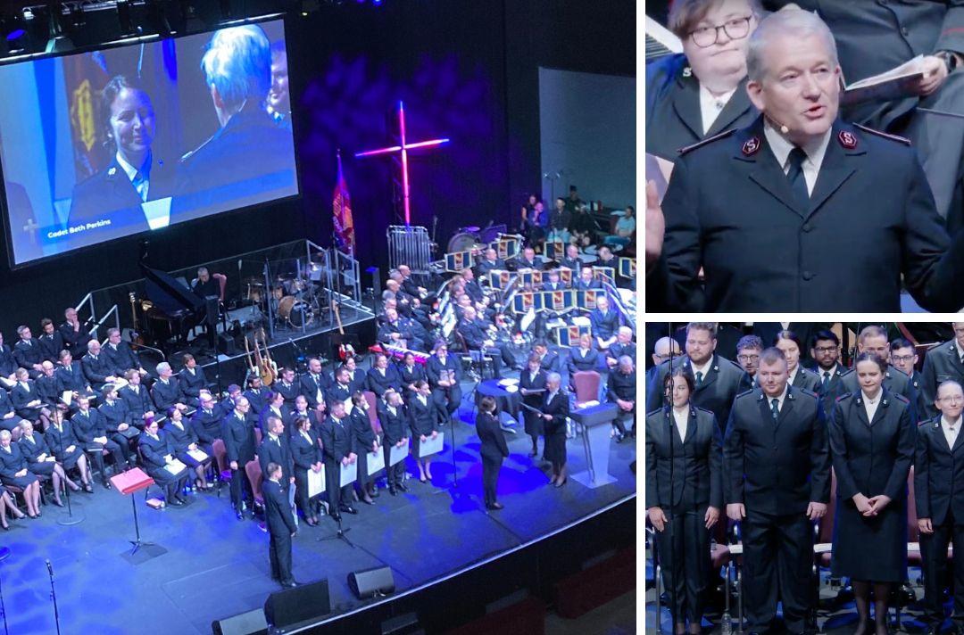 Three photos: a photo of Beth Perkins being commissioned by Commissioner Jenine Main at Together 2024, a photo Paul Main sharing the Bible message, a photo of the cadets on stage 