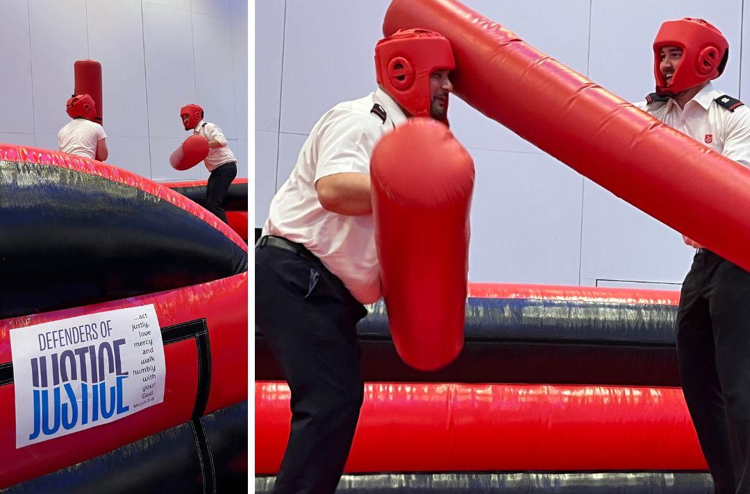 Two photos of Salvation Army cadets in uniform playing on inflatables at Together 2024
