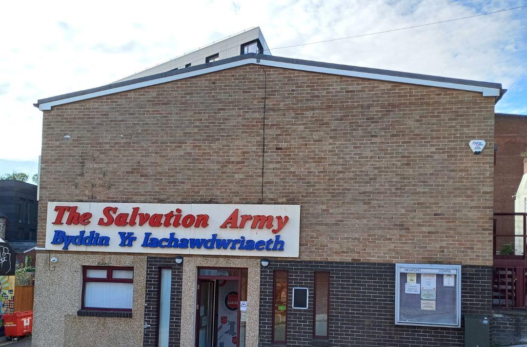 Newport Citadel Salvation Army building with signage that includes The Salvation Army translated into Welsh
