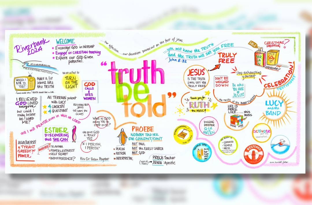 A large piece of artwork created during Riverbank 2024 records the events and takeaways of the weekend. The centre of the image reads “truth be told” in bold, vibrant lettering.