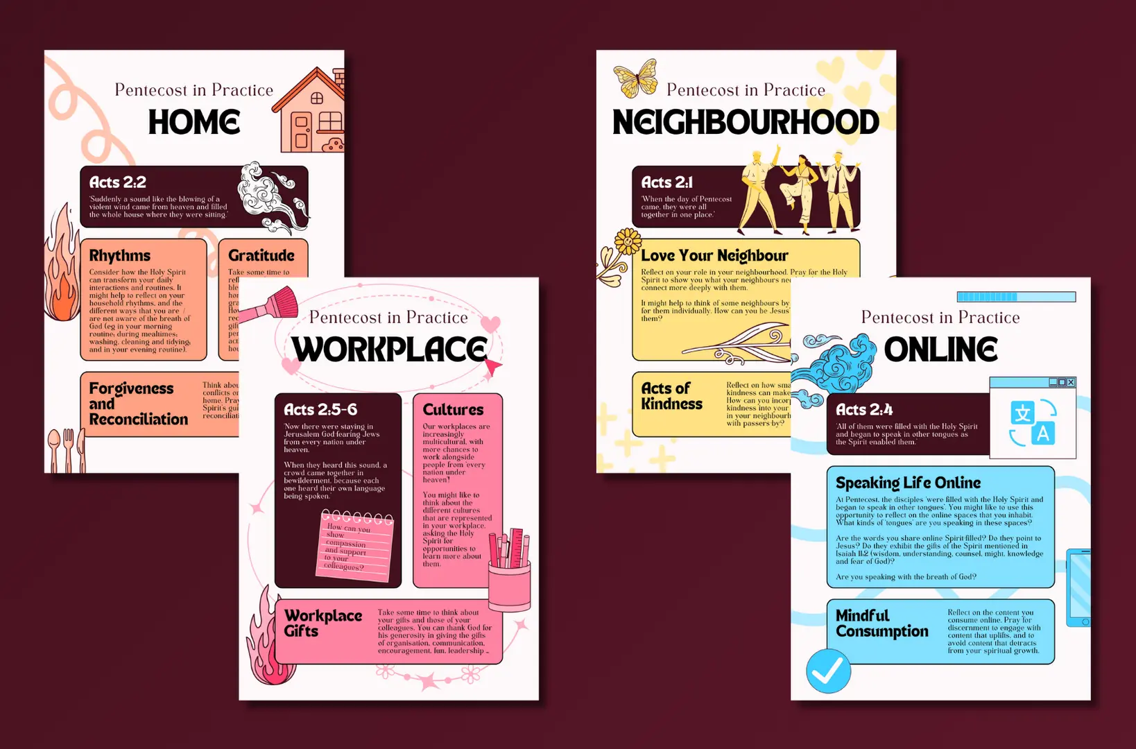a mockup of four colourful Pentecost posters, in orange, pink, yellow and blue colour schemes