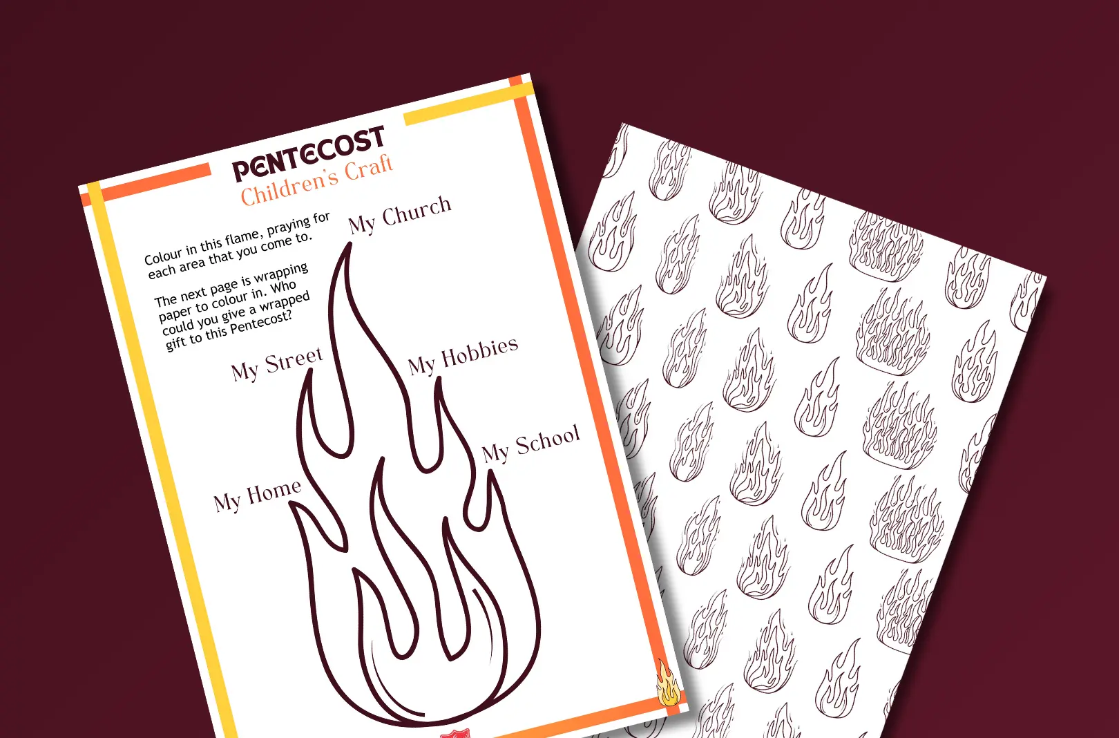 a mockup of a flame colouring-in sheet, with a yellow and orange border